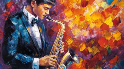 Expressive portrayal of musician and saxophone in dynamic textured oil painting