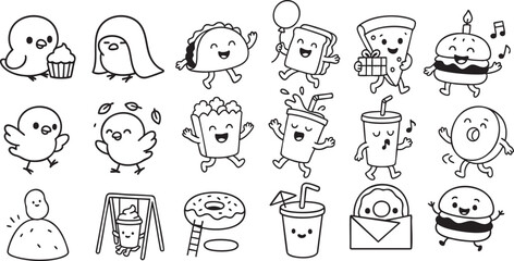 Cute Fast Food Characters in Fun Poses Black and White Line Art for Kids Coloring Book | Generative AI