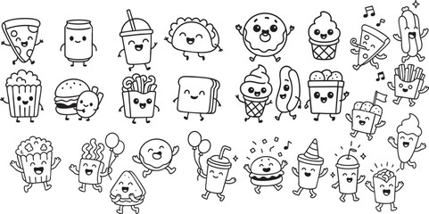 Cute Fast Food Characters in Fun Poses Black and White Line Art for Kids Coloring Book | Generative AI