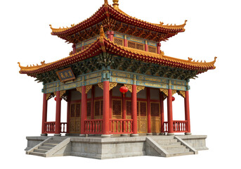 Isolated Pagoda Temple Building With Red and Gold Ornate Details