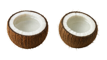 Two Halves of Fresh Coconut with Water, Isolated on Transparent and White Background