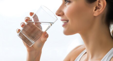 A close-up profile view of a smiling young woman drinking water from a clear glass. She appears healthy and hydrated.