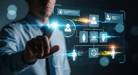 Leadership and delegation concept. A leader points to a holographic organization chart, assigning tasks to a virtual team for effective management.