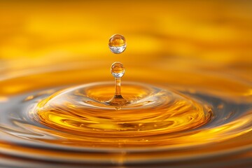 Stunning abstract macro view of a golden liquid drop colliding with the surface creating intricate ripples dynamic fluid motion and vibrant energy captured in stunning detail