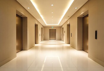 Fototapeta premium Generative AI Modern Office Building Elevator Lobby Hallway Interior Design Perspective View