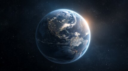 Blue Marble Planet Earth from deep space showing glowing city lights and bright sunrise over the horizon perfect for themes of technology environment global communication science