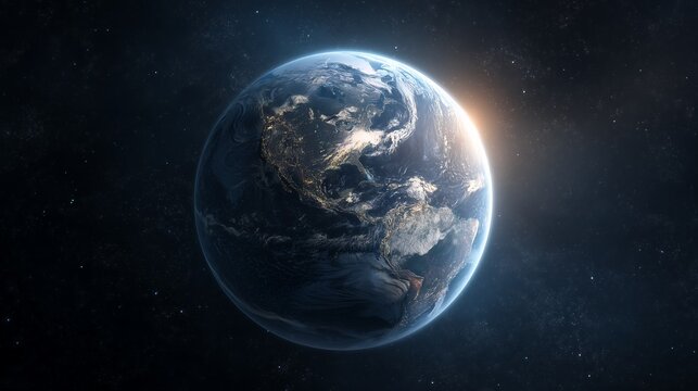 Blue Marble Planet Earth from deep space showing glowing city lights and bright sunrise over the horizon perfect for themes of technology environment global communication science