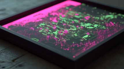 Digital city map, framed in dark wood, vibrant colors