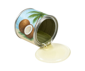 Spilled Coconut Milk from a Tin Can, Isolated on Transparent and White Background