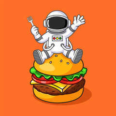 Cute Astronaut on a Giant Burger with a Fork Space Food Fun Vector Illustration Cartoon Design