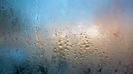 Captivating abstract texture of myriad glistening water droplets clinging to a smooth glass surface revealing a soft diffused atmospheric background with gentle color gradients