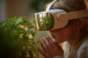 Young child wears VR headset experiencing virtual nature blending technology and environment immersive learning future education concept curious discovery and growth mockup scene