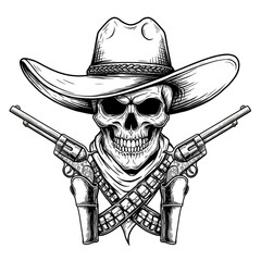 Illustration of Skull Cowboy with Guns and Hat In Transparent Background