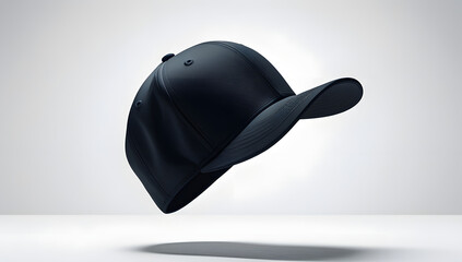 Black silhouette of a floating baseball cap, tilted in mid-air with sharp curves and no visible support, set against a pure white background, evoking identity, mystery, and modern symbolism