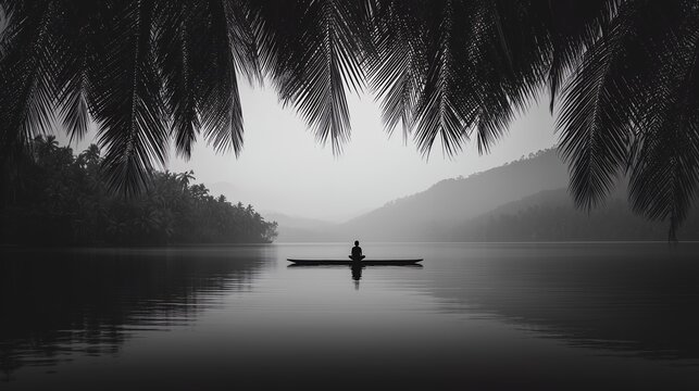 Meditative Solitude on Tranquil Tropical Waters Black and White Serene Landscape Silhouette of Person in Boat Framed by Palm Fronds Peaceful Nature Contemplation Mindfulness