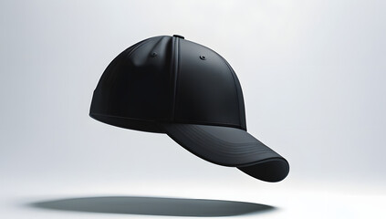 Black silhouette of a floating baseball cap, tilted in mid-air with sharp curves and no visible support, set against a pure white background, evoking identity, mystery, and modern symbolism