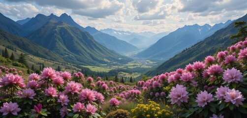 Serene Mountain Valley with Blooming Rhododendrons