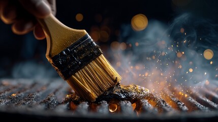 Close up view of a hand brushing a sweet and savory sauce onto hot charcoal grill grates creating smoke and fiery sparks for delicious summer outdoor barbecue cooking preparation