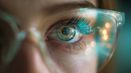 Macro of Human Eye Wearing Glasses Reflecting Abstract Digital Data Code Graphs and Futuristic Interface displaying Artificial Intelligence Augmented Reality Virtual Reality