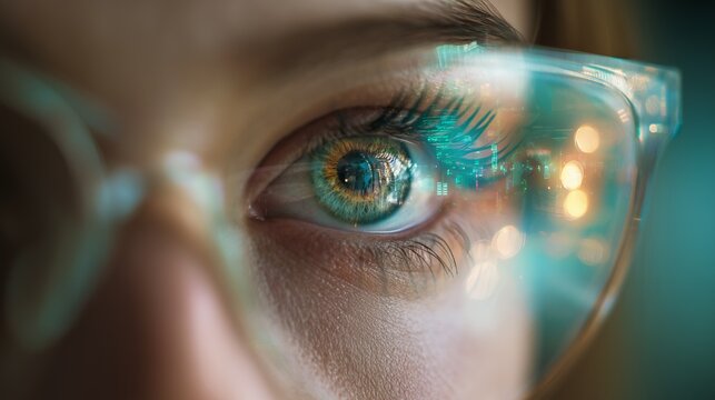 Macro of Human Eye Wearing Glasses Reflecting Abstract Digital Data Code Graphs and Futuristic Interface displaying Artificial Intelligence Augmented Reality Virtual Reality