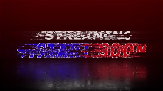 Streaming start soon motion text animation with glitch pixel effect and color. 4k HD reflecting on background screen footage for video projects