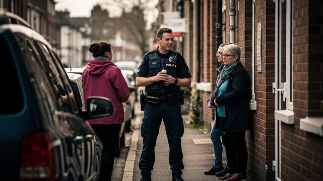 Police Officer Talking to Civilians on Street