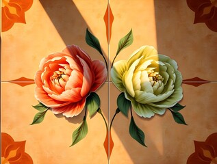Painted Peonies on Tiled Floor