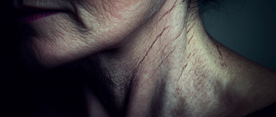 Fototapeta premium Aging Skin: Close-up of a person's neck and shoulder showcasing wrinkled, textured skin in dim lighting, highlighting the effects of time.