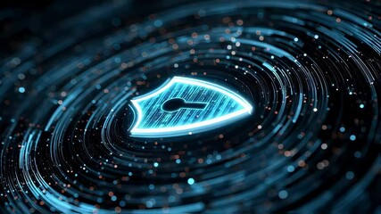 Engaging visuals of a bright shield and lock symbol amidst a swirl of data streams conveying the essence of technological vigilance and the pursuit of secure online environments.