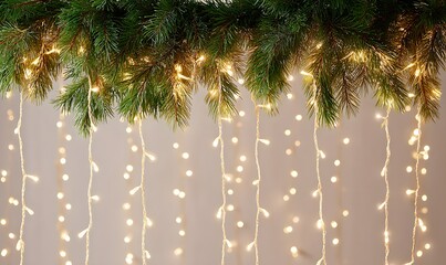 A beautiful Christmas decoration featuring cascading warm white LED string lights hanging vertically like delicate light waterfalls.Generative AI