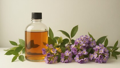 Clear glass bottle of oil beside purple Primula Obconica flowers.