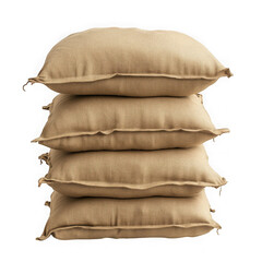 A stack of four burlap sacks filled with grain or other materials on a black background space for text on transparent background