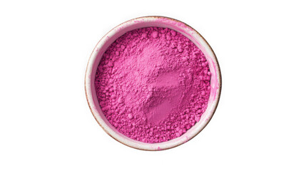 Overhead view of a bowl filled with bright pink powder against a black background studio shot on transparent background