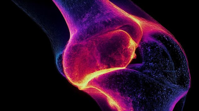 A closeup thermal scan of an individuals knee joint showcasing an advanced medical visualization technique. The image features a bright color gradient that identifies inflamed regions
