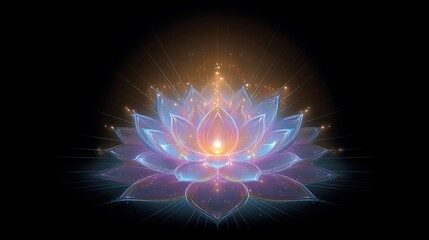 Glowing translucent blue-purple lotus flower with orange center, radiating light and sparkles against a black background