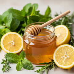 Golden honey glistens in a glass jar alongside fresh lemons and vibrant mint sprigs creating a healthy food scene.