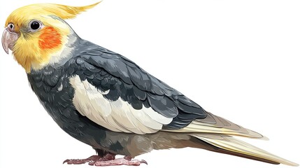 Gray body, yellow head crest, orange cheek spot, long tail, sharp beak, and bird profile