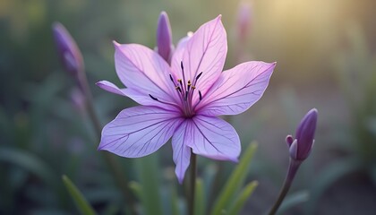 Fototapeta premium Closeup of a delicate purple flower with prominent veins and petals.