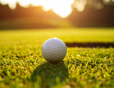 A golf ball sits on a green fairway with sunlight in the background, ready to play