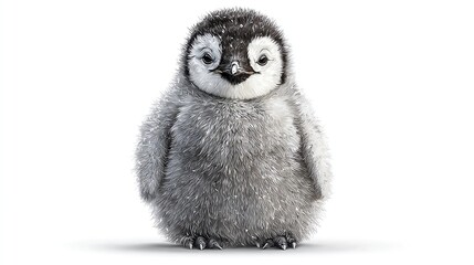 A fluffy penguin chick stands on white. It has light gray feathers, black face, and white highlights