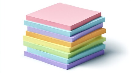 A stack of square, colorful sticky notes of varying pastels casts a shadow on a white surface