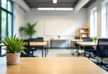Fototapeta premium Generative AI Spacious Empty Modern Classroom or Office Interior with Desk Plant