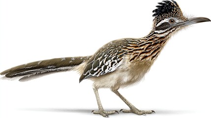 Southwestern desert bird illustration, brown and white feathers, long tail, crested head, standing