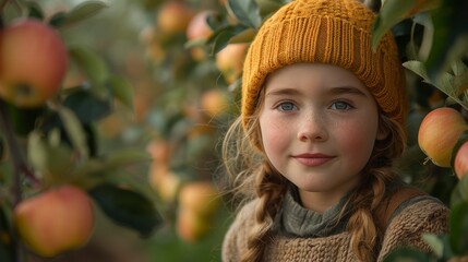 Young girl in yellow knit hat stands in an apple orchard with ripe fruits