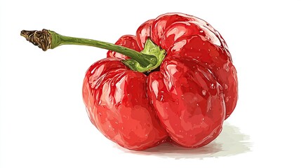 A vibrant, red, plump, bumpy chili pepper with a short, green stem, rests on a white background, showcasing its glossy, textured skin and slight shadow