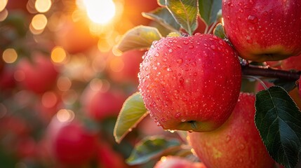Obraz premium Red apples, water droplets cling, sunlight glows bokeh background, orchard scene