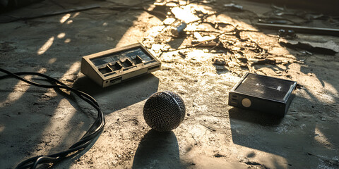 Abandoned Vintage Audio Equipment on Cracked Concrete Floor