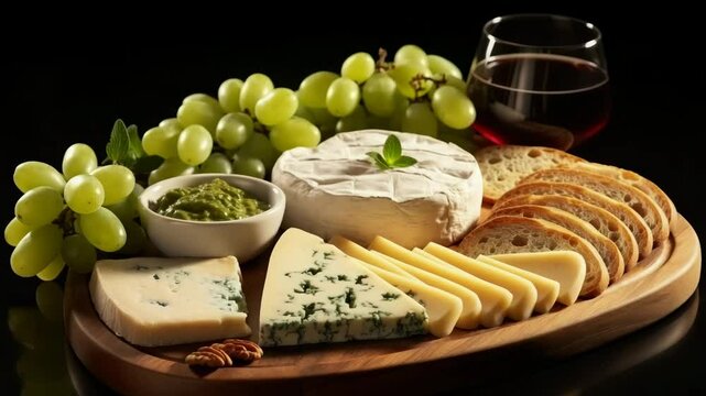 Elegant cheese platter with assorted cheeses, green grapes, bread slices, dip and red wine