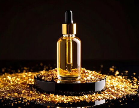 Golden elixir in a glass bottle, presented on a platform surrounded by shimmering, golden flakes against a dark backdrop.