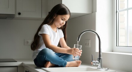 A young girl with long brown hair sits on a kitchen counter, filling a glass with water from a chrome faucet. She's smiling, showcasing a moment of simple joy and hydration.